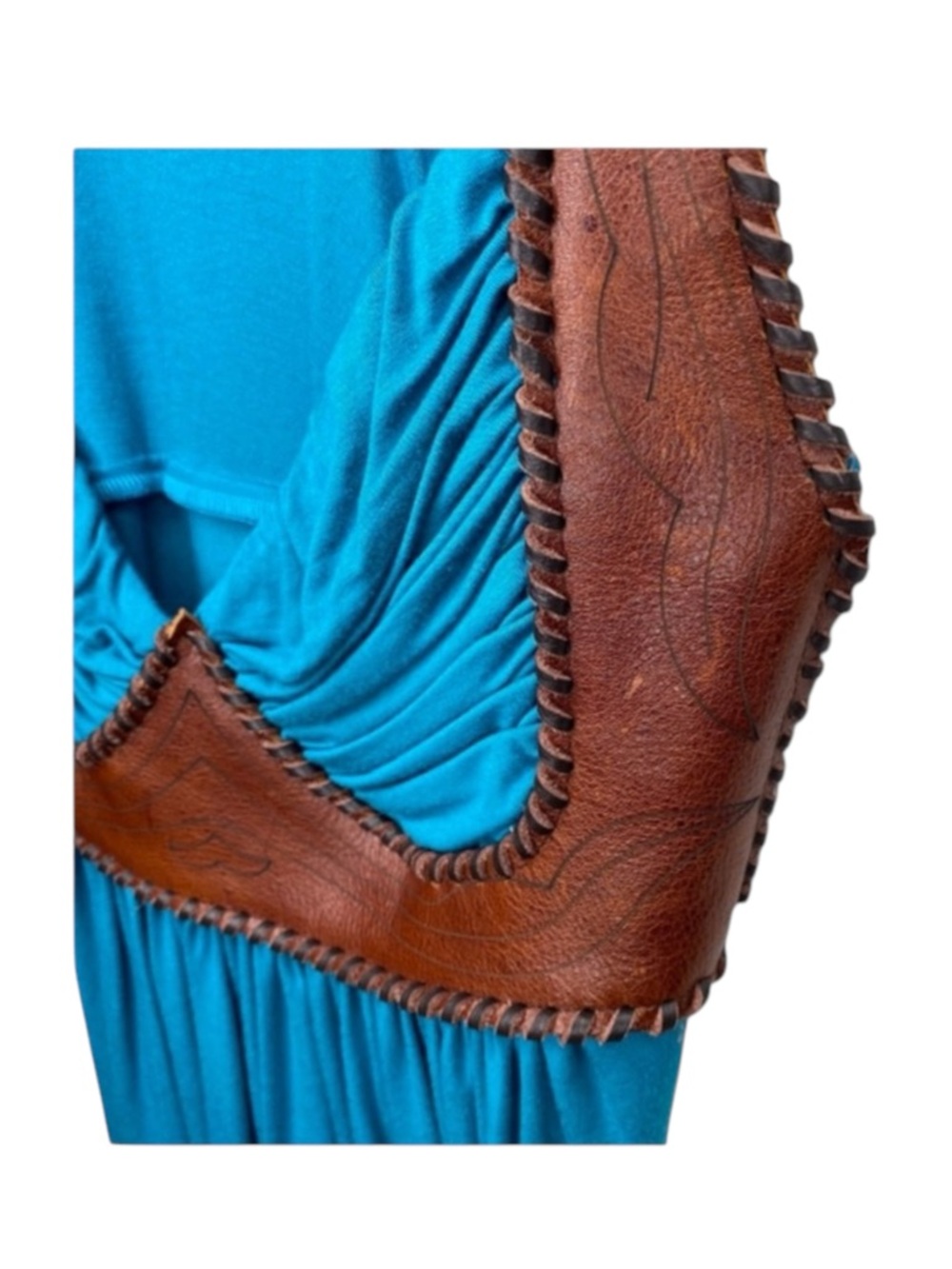 new Sky ☀︎︎ Etched Leather Bodice Embellished Sexy Strappy Silk Top ☀︎︎ Teal - Picture 10 of 16